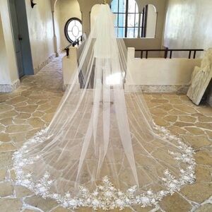 Ivory 118” Cathedral Length Wedding Veil with 3D floral appliqué